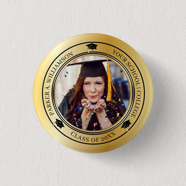 Graduation Photo Gold Tone Grad Cap Class Year  1 Inch Round Button (Front)