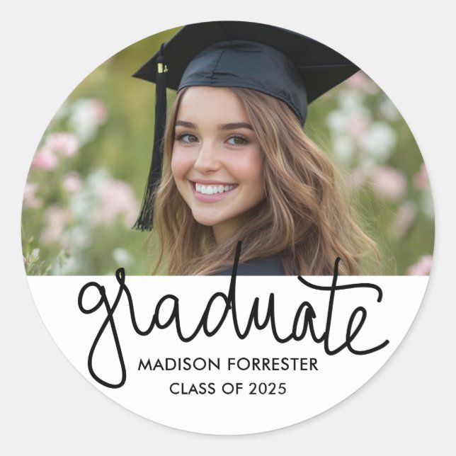 Graduation Photo | Graduate Script  Classic Round Sticker (Front)