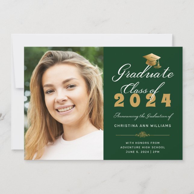 Graduation Photo Green Gold Script  Class of 2024 Announcement (Front)