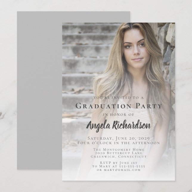 Graduation Photo Grey Script Typography Party Invitation (Front/Back)