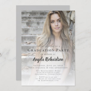 Graduation Photo Grey Script Typography Party Invitation