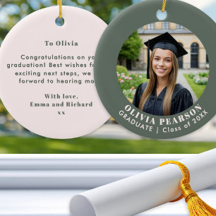 Graduation Photo Keepsake Personalized Green Pink Ceramic Ornament