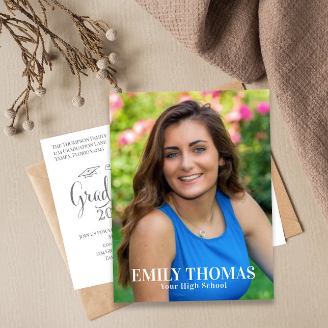Graduation Photo Minimalist Mortarboard Script Postcard (Modern minimal script graduation announcement with clean typography and portrait focus.)