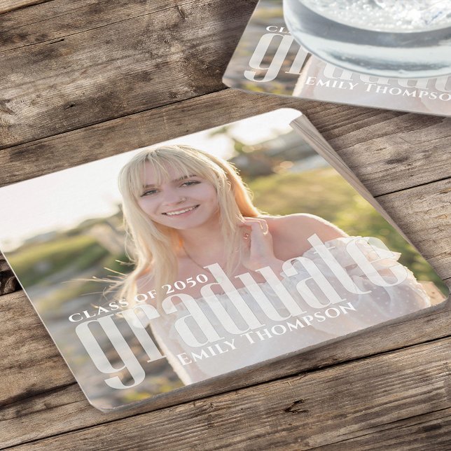 Graduation Photo Modern Elegant Minimalist Simple Square Paper Coaster (Creator Uploaded)