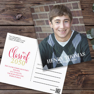 Graduation Photo Modern Minimalist Script Red Postcard