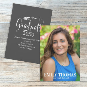 Graduation Photo Modern Mortarboard Script Black Invitation