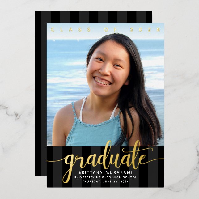 Graduation photo modern script black real gold (Front/Back)