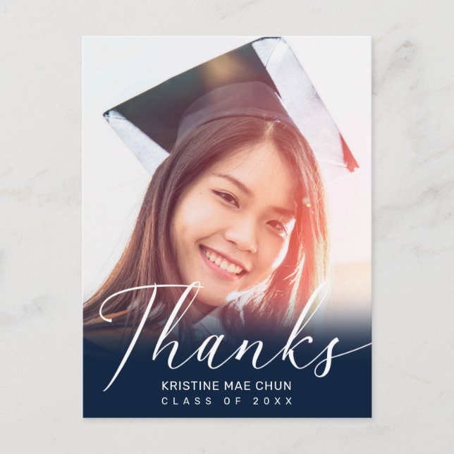 Graduation Photo Modern Script Blue Thank You Postcard (Front)