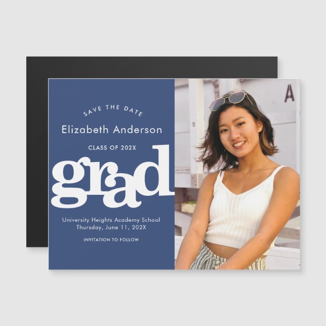 Graduation Photo Navy Bold Save the Date Modern Magnetic Invitation (Front/Back)