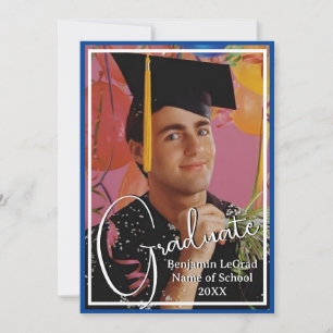 Graduation Photo Personalized Note Blue and White Invitation