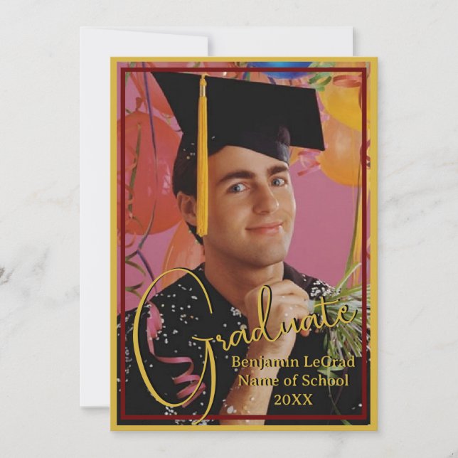 Graduation Photo Personalized Note Maroon and Gold Invitation (Front)