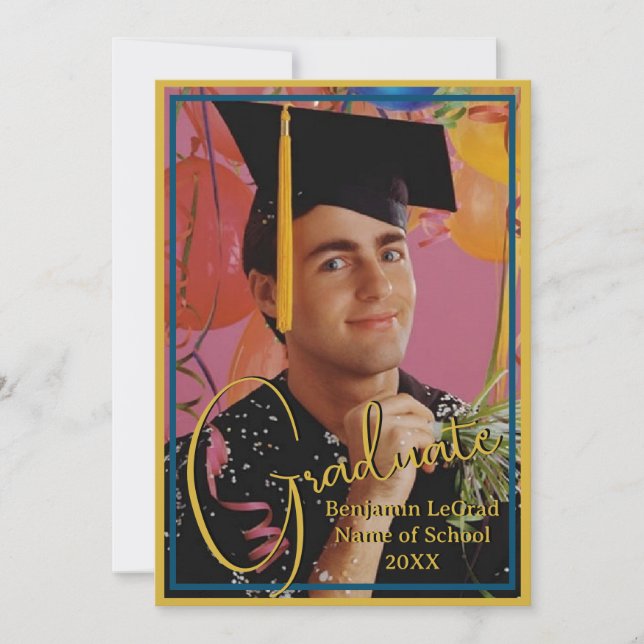 Graduation Photo Personalized Note Navy and Gold Invitation (Front)