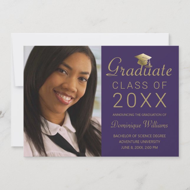Graduation Photo Purple Gold Grad Cap Script 2023 Announcement (Front)