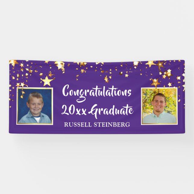 Graduation Photo Purple Gold Stars Personalized Banner (Horizontal)