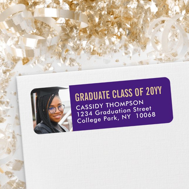 Graduation Photo Purple Gold White Adresse de reto (Créateur téléchargé)