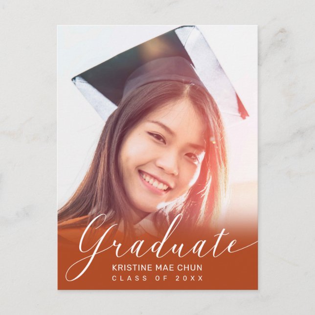 Graduation Photo Script moderne Orange Invitation (Devant)