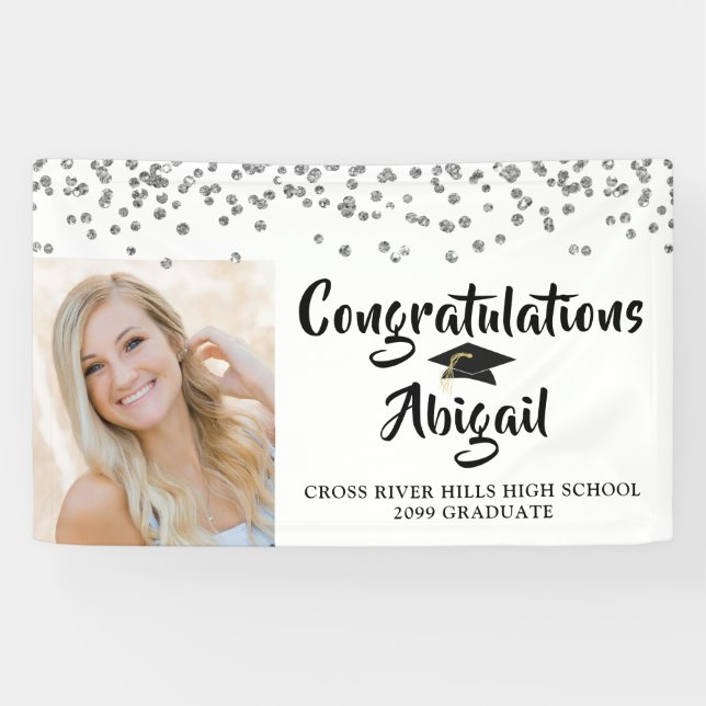 Graduation Photo Silver Confetti Brush Script Banner (Horizontal)