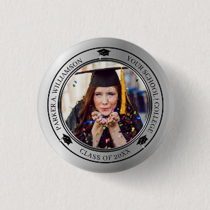 Graduation Photo Silver Tone Grad Cap Class Year 1 Inch Round Button