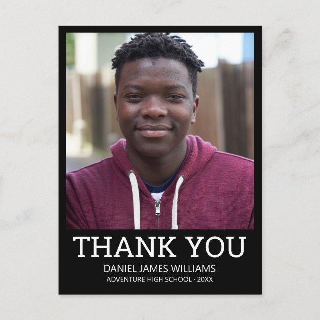 Graduation Photo Simple Black Thank You Postcard (Front)