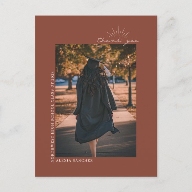 Graduation Photo Terracotta Line Art Thank You   Postcard (Front)