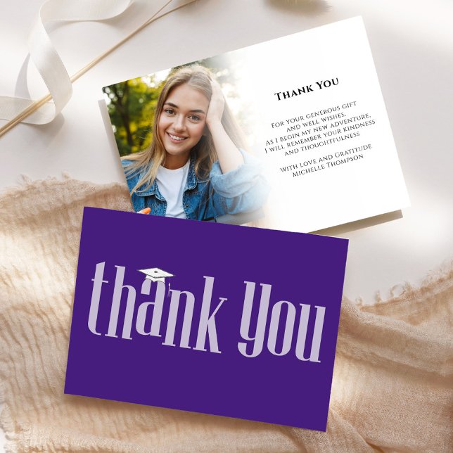 Graduation Photo Thank You Custom Card (Graduation photo purple and white modern typography style. )