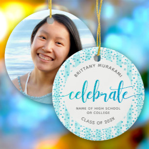 Graduation Photo Turquoise Glitter Script Keepsake Ceramic Ornament