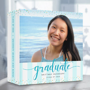 Graduation photo turquoise script white stripes binder