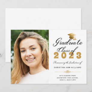 Graduation Photo White Gold Script Class of 2023 Announcement