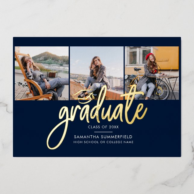 Graduation Photos Navy Blue Gold Foil Announcement (Front)