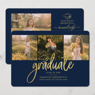 Graduation Photos Navy Blue Script 2026 Announcement