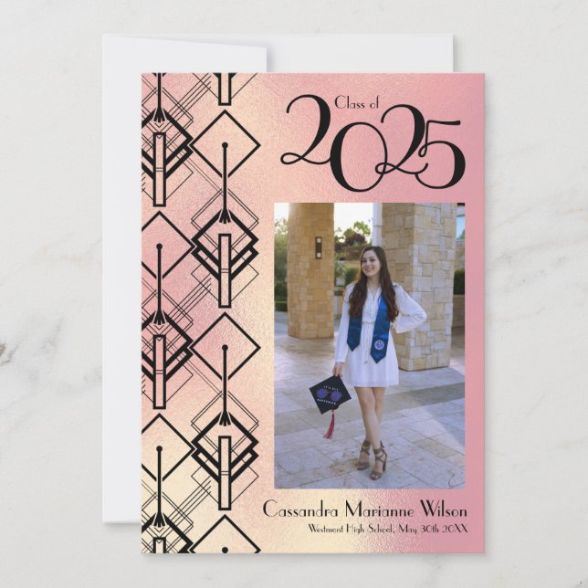 Graduation Pink Art Deco Black Announcement (Front)