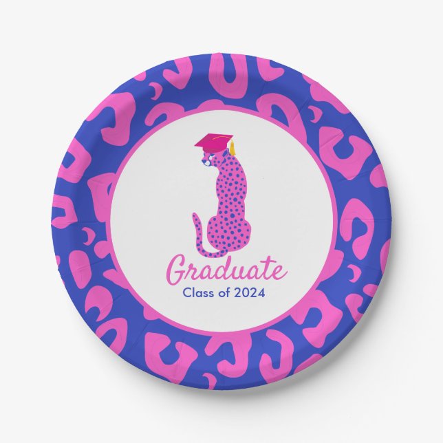 Graduation Pink & Blue Leopard  Paper Plate (Front)