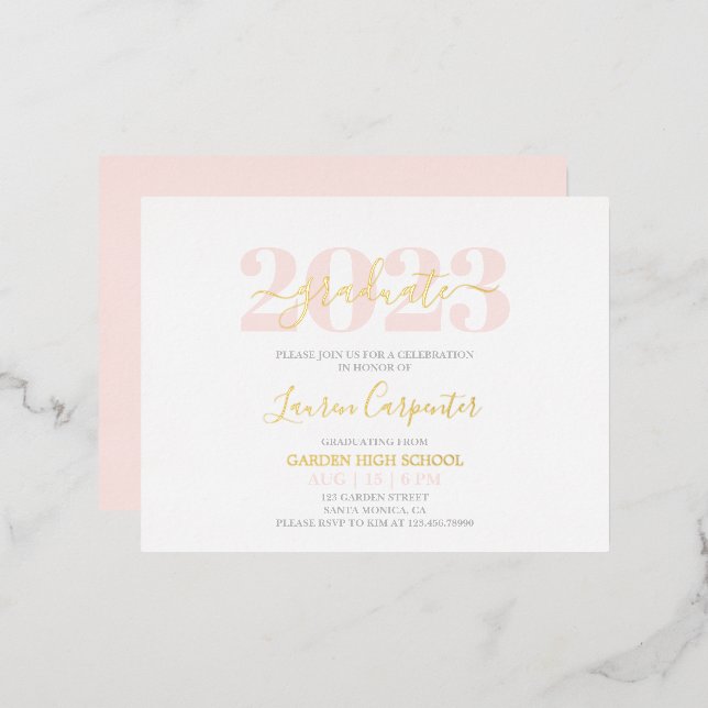 Graduation Pink Blush et Gold foil invitation (Recto/Verso)