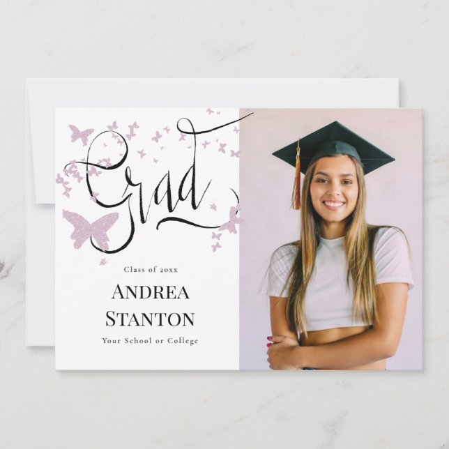 Graduation Pink Butterflies Grad Calligraphy Chic Invitation (Front)
