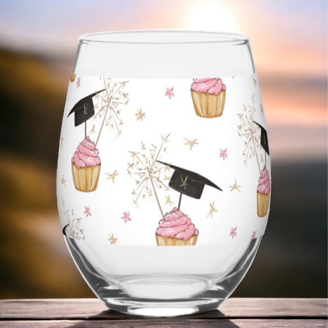 Graduation Pink Cupcake Graduation Cap Sparkler  Stemless Wine Glass (Creator Uploaded)