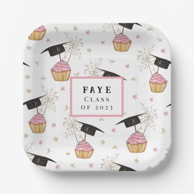 Graduation Pink Cupcake Personalized Paper Plates (Front)