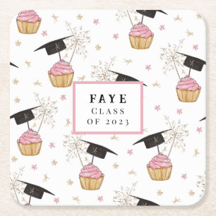Graduation Pink Cupcake Personalized Square Paper Coaster