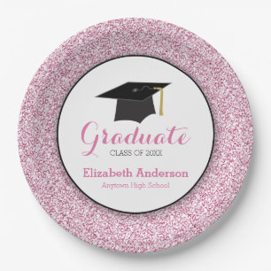 Graduation Pink Glitter Mortarboard Paper Plate