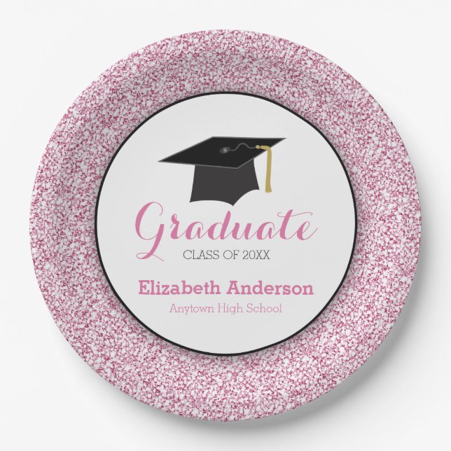 Graduation Pink Glitter Mortarboard Paper Plate (Front)