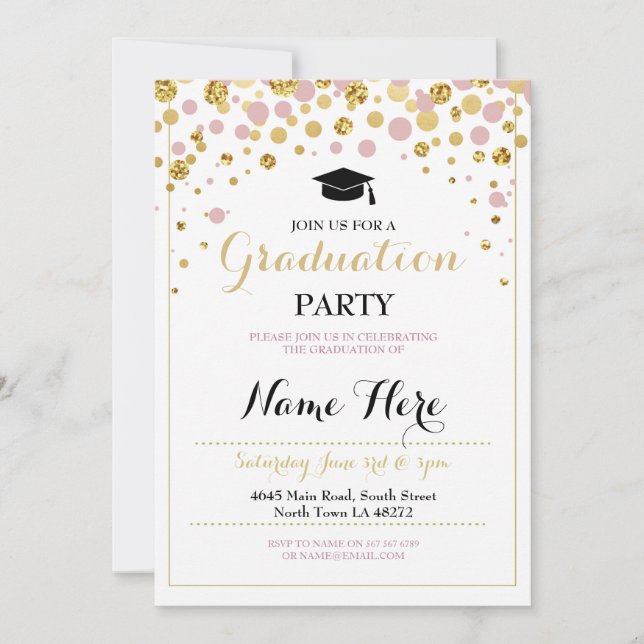 Graduation Pink Gold Girl's Party Invitation diplô (Devant)