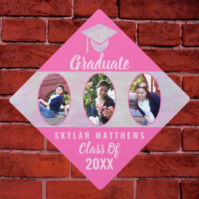Graduation Pink Opal Girly Oval 3 Photo Collage Graduation Cap Topper (Creator Uploaded)