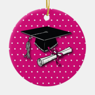 Graduation Pink Polka Dots Hat, Diploma Ceramic Ornament