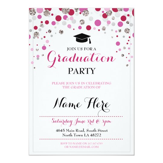 Graduation Pink Silver Party Polka Dot Invite