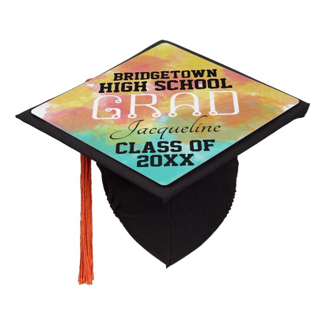  Graduation Pink Yellow Turquoise Watercolor  Graduation Cap Topper (Angled)