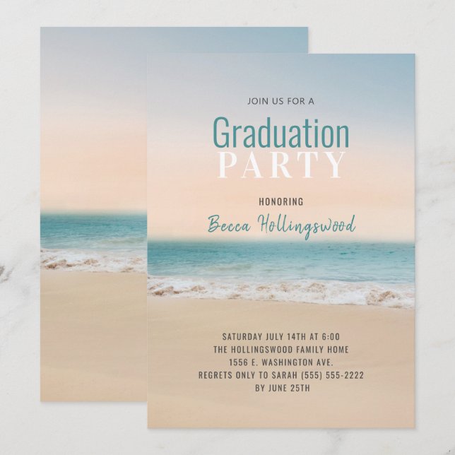 Graduation Plage tropicale Thème Fête Invitation (Devant / Derrière)