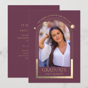 Graduation Plum Gold Sun Moon Stars Grad Photo Invitation