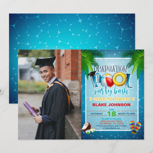 Graduation Pool Party Invitation with Photo (Front/Back)