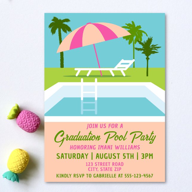 Graduation Pool Party Tropical Swimming Pool Invitation (Graduation pool party invitation on a light background with tropical pineapple accessories.)