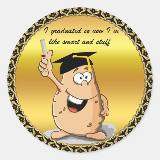Graduation potato character with a degree classic round sticker (Front)