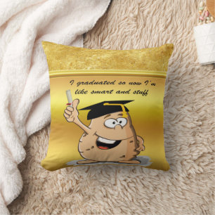 Graduation potato character with a degree throw pillow